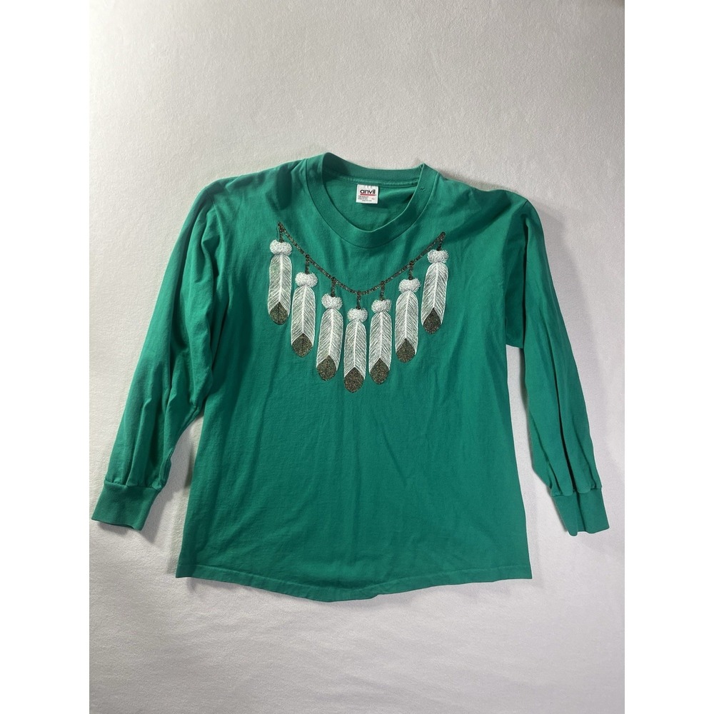VTG Anvil Shirt Large Green Long Sleeve Graphic Shirt Native American Feather